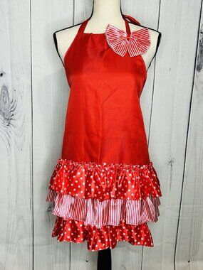 Ganz Red White Apron Bib Polyester Tiered Satin Bow Neck Waist Tie
